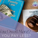 A gavel rests on child support documents next to a book on family law.