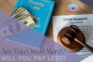 A gavel rests on child support documents next to a book on family law.